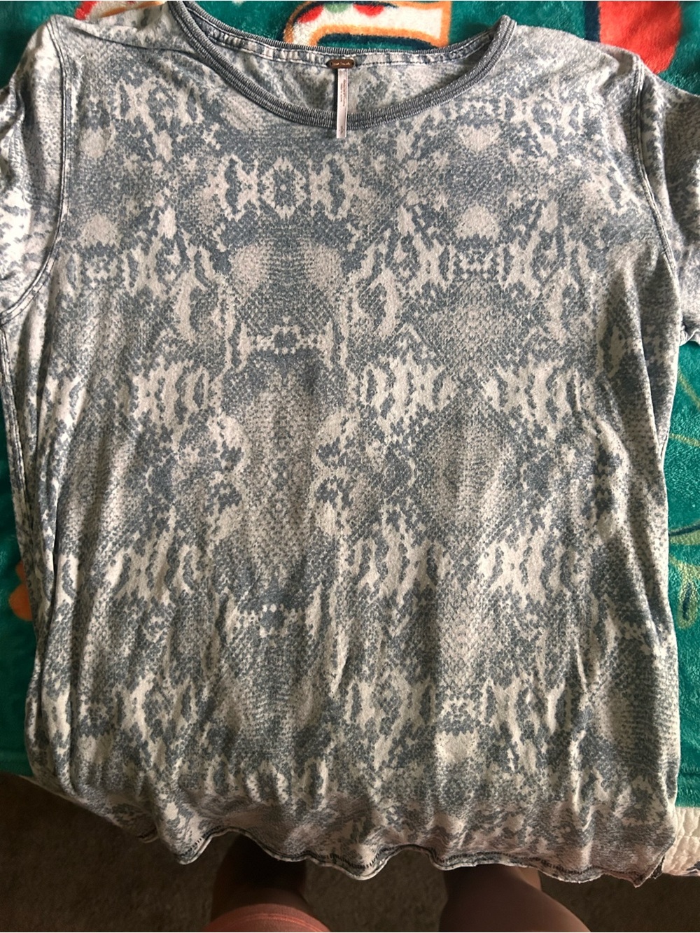 Free People Light Blue and White Snake Print Short Sleeve Tee